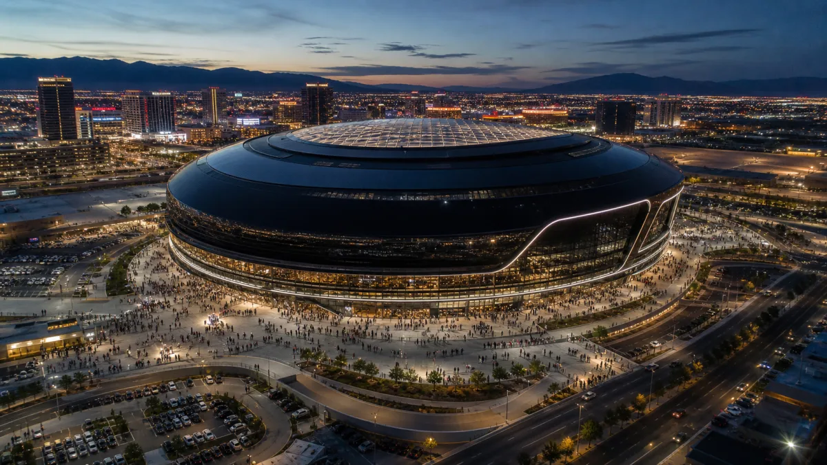 Black domed Las Vegas football stadium glowing at dusk as crowds approach