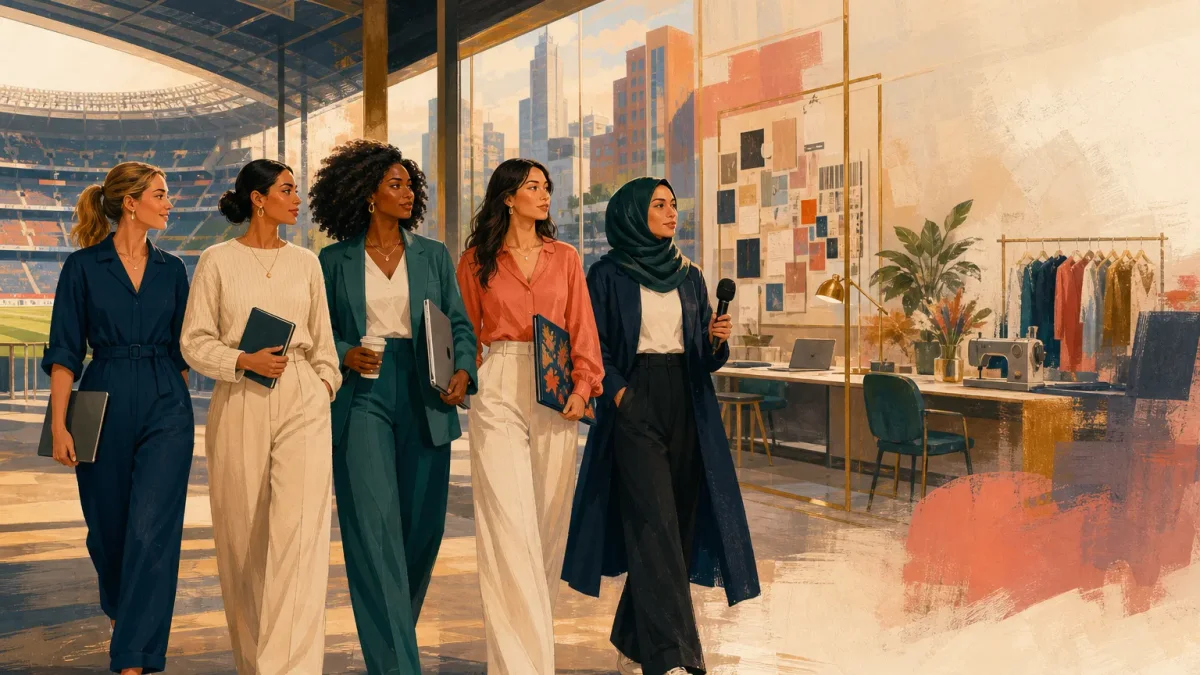 Editorial illustration of diverse professional women walking through a creative workspace beside a football stadium