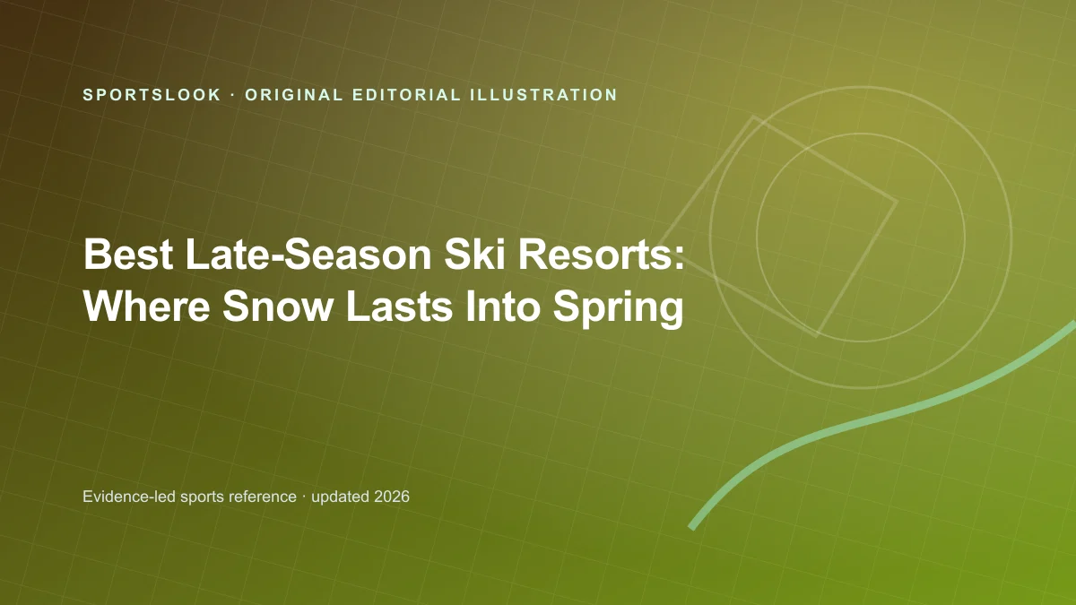 Late-season skier on a high alpine slope with resort comparison card