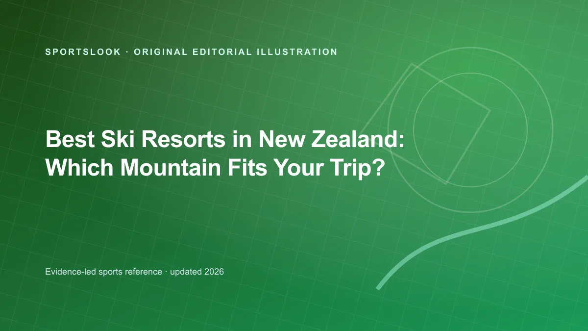 Snow-covered New Zealand mountain with ski tracks and alpine light