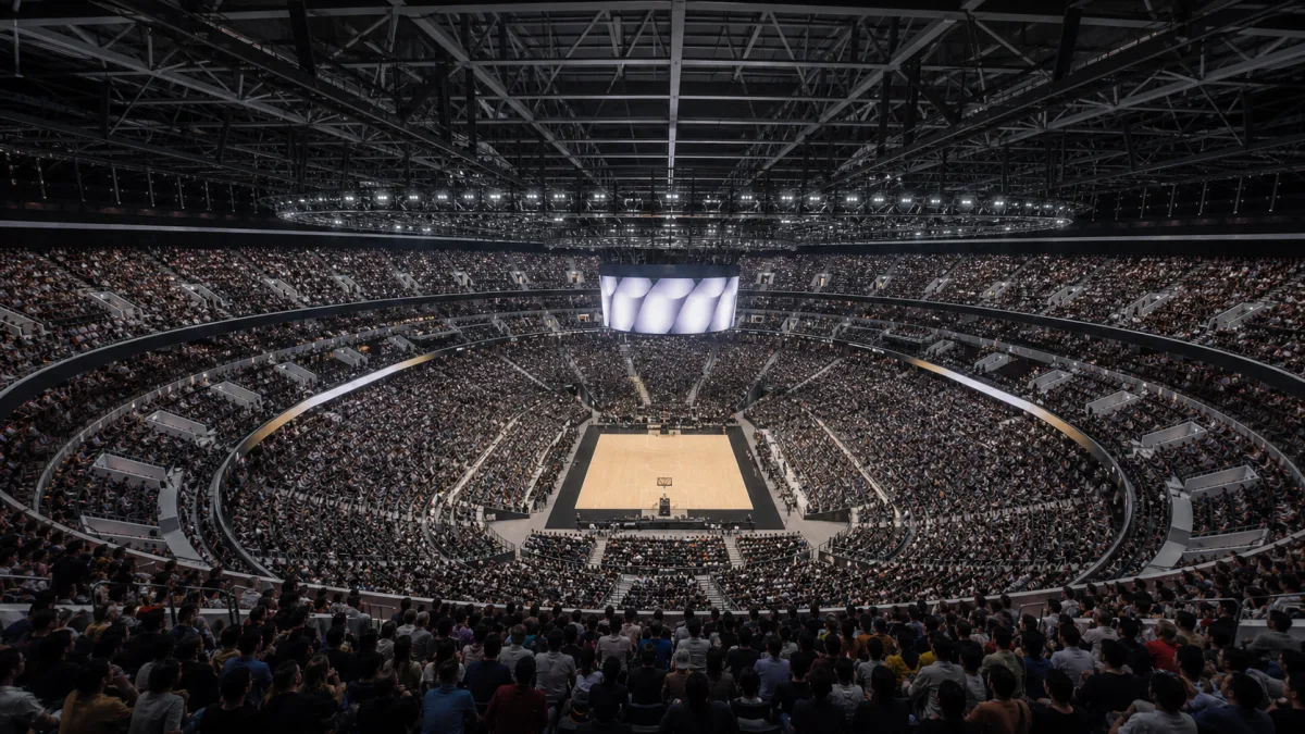 Enormous enclosed indoor arena with a central court and multiple tiers of filled seating