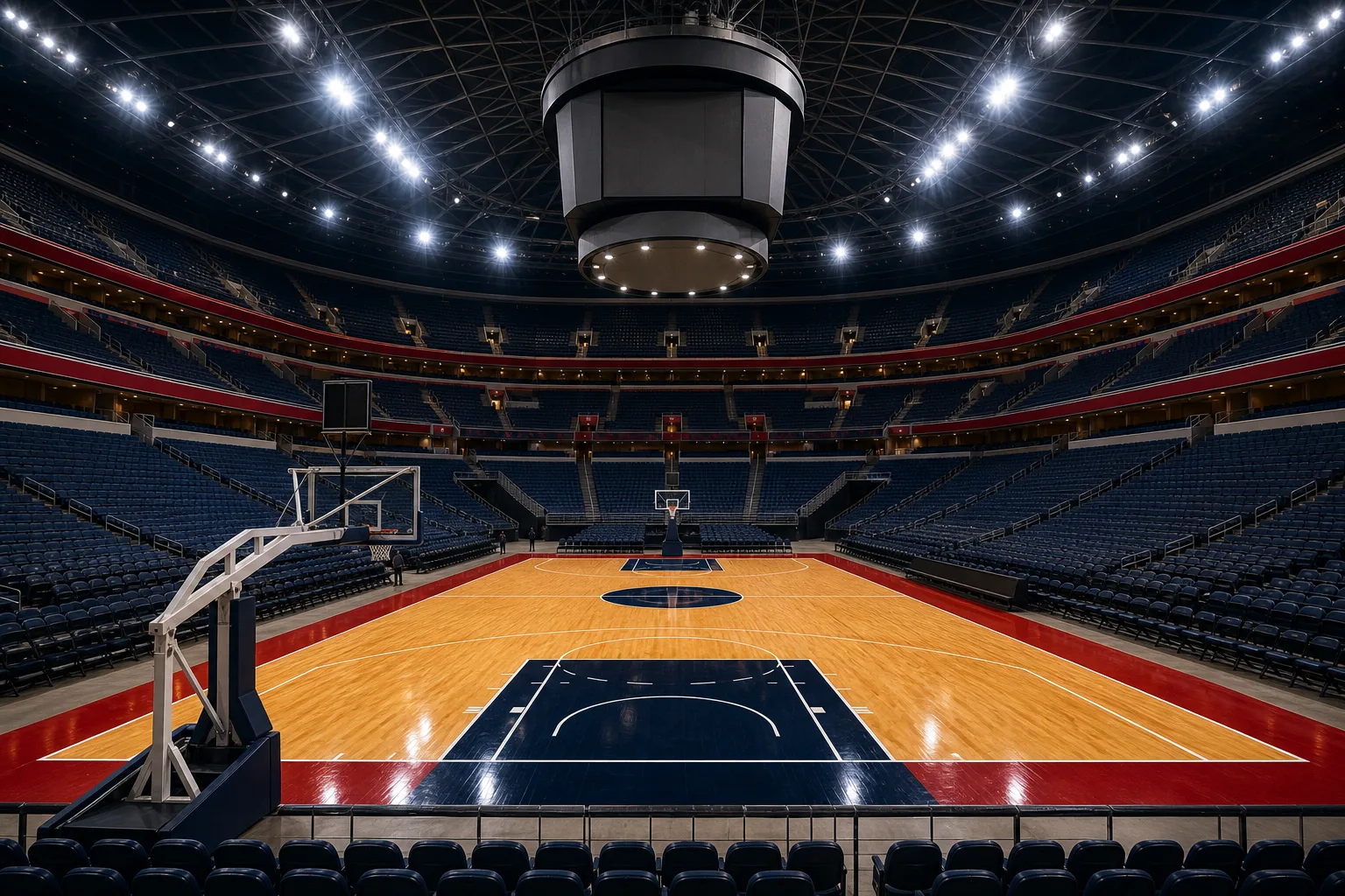 Wide interior view of a large anonymous basketball arena filled with spectators