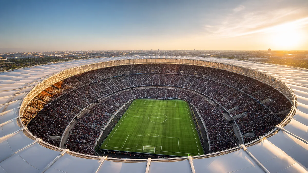 Vast modern soccer stadium with a green pitch and multiple tiers of seating