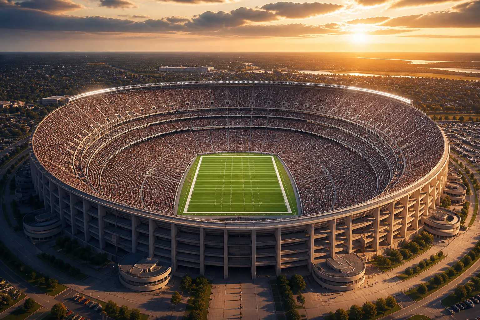 Aerial sunset view of an immense anonymous American football stadium
