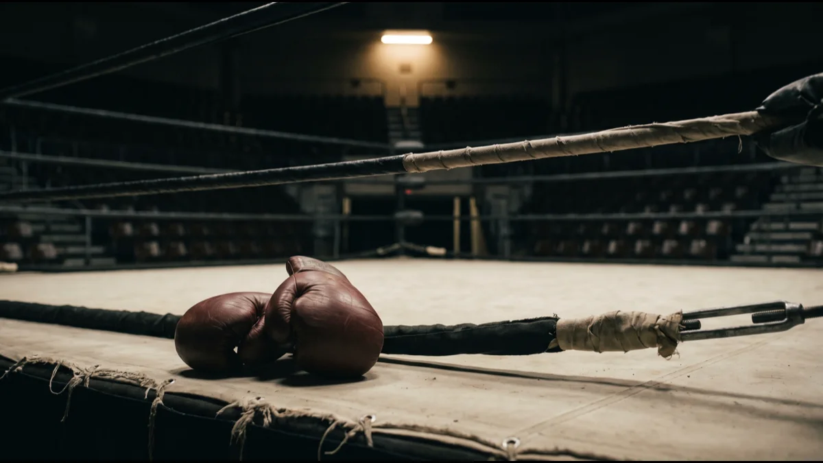 A pair of worn plain leather boxing gloves resting on the frayed canvas of an empty ring beside the lower rope, dark arena tiers behind