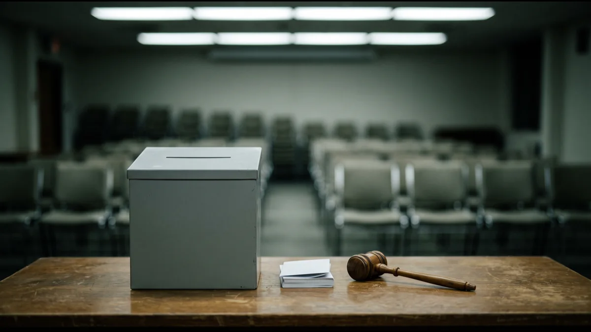 A plain grey ballot box and a stack of blank folded paper slips on a wooden committee-room table, with empty stacking chairs out of focus behind