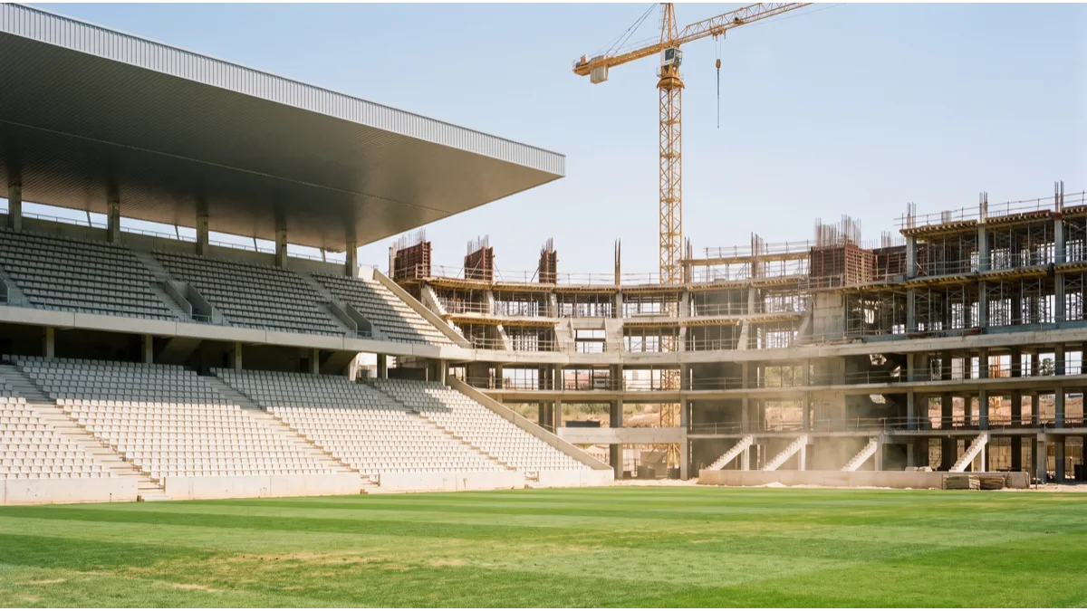 A partly rebuilt stadium with one completed tier of seats and an adjacent open steel and concrete frame under a crane, in bright Mediterranean daylight