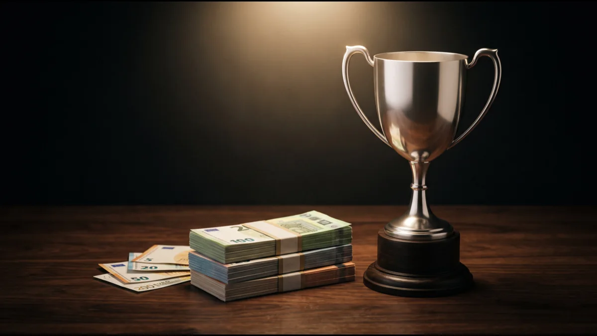 A plain silver two-handled trophy beside banded stacks of euro banknotes on a dark wooden table, lit by a single warm overhead spotlight