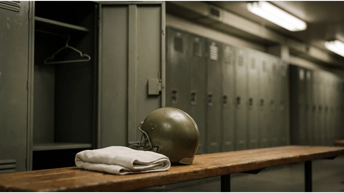 A folded white towel and a plain unmarked athletic helmet on a worn wooden bench in an empty locker room, a row of lockers out of focus behind