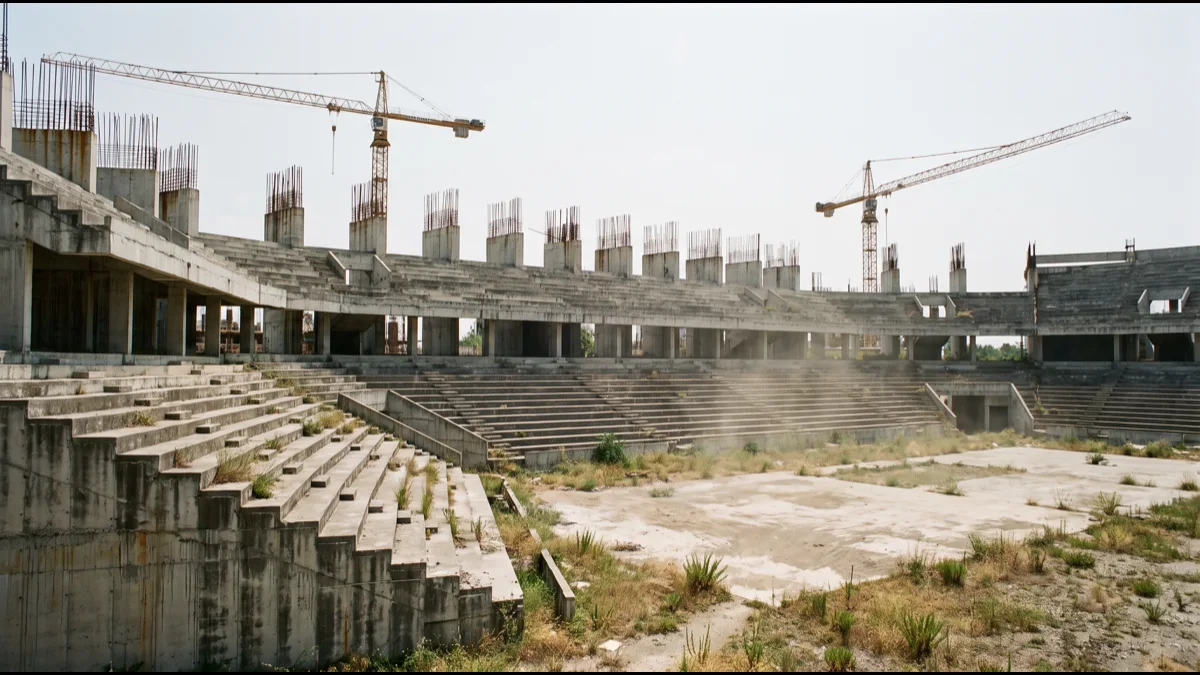 A half-built concrete sports venue with exposed rebar and idle cranes under a bleached sky, weeds growing through the site
