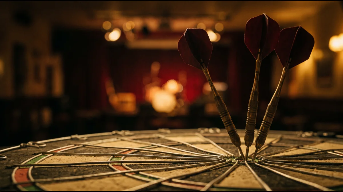Three brass-barrelled darts with dark flights embedded in a worn plain sisal dartboard, lit from the side against a dim out-of-focus hall