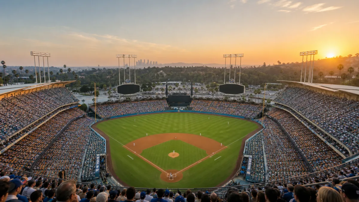 Large classic Los Angeles baseball stadium with terraced seating and a symmetrical field at sunset