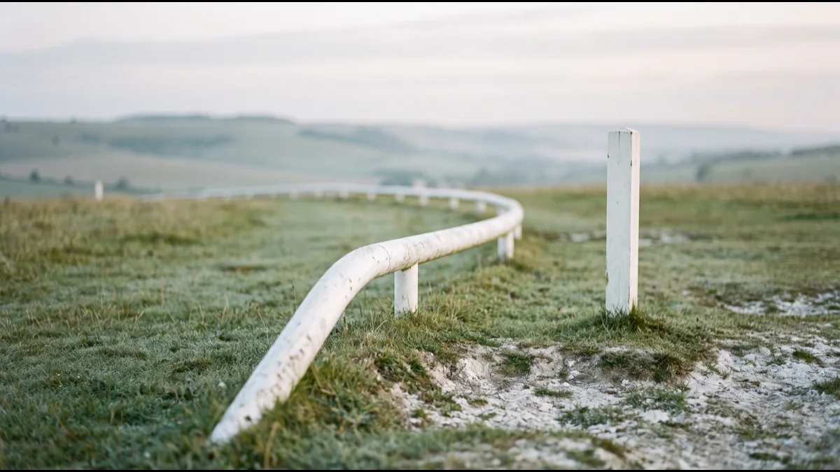 The white running rail of a turf racecourse curving across close-cropped downland grass, rolling open downs falling away out of focus behind