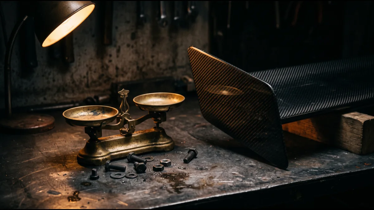 A carbon-fibre front wing endplate and a brass balance scale on a dark workshop bench, lit by a single warm lamp