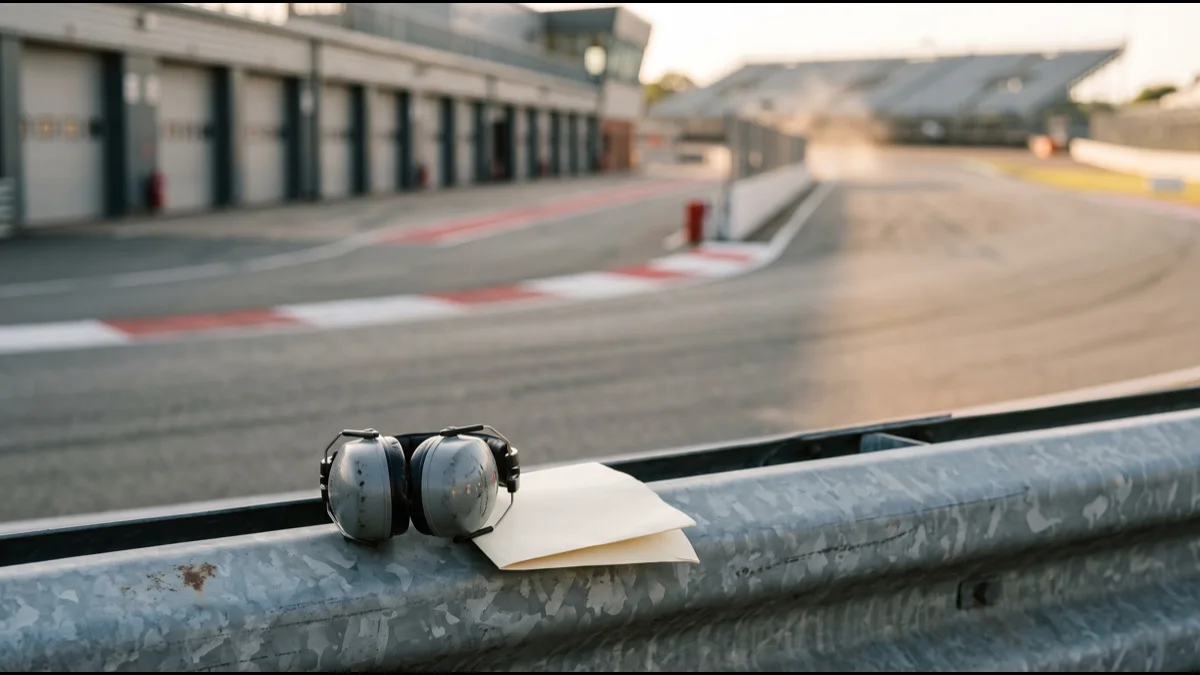 A pair of ear defenders and a folded circuit map on a steel barrier at trackside, with pit garages and grandstand blurred behind in afternoon light