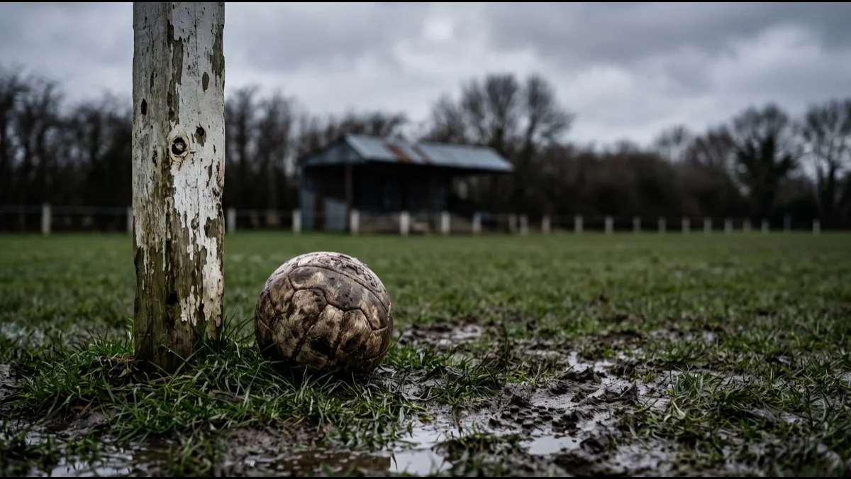 A muddy leather football in wet grass beside a peeling white corner post on a rough pitch, a small tin-roofed terrace out of focus behind