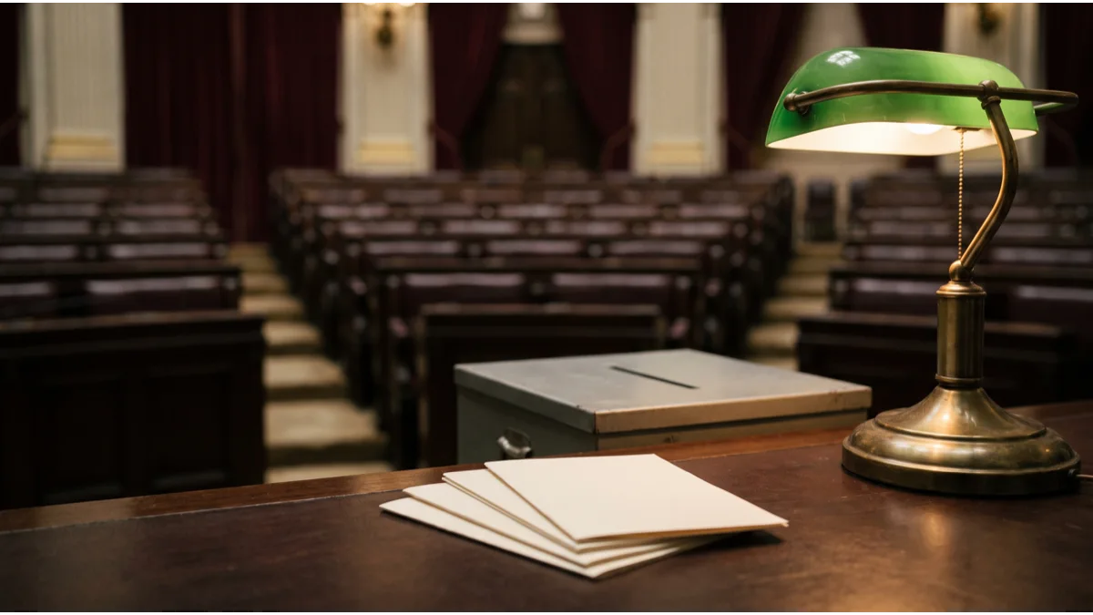 A fanned stack of plain blank membership cards beside a grey ballot box and a brass desk lamp on a dark wooden desk, empty tiered seats behind