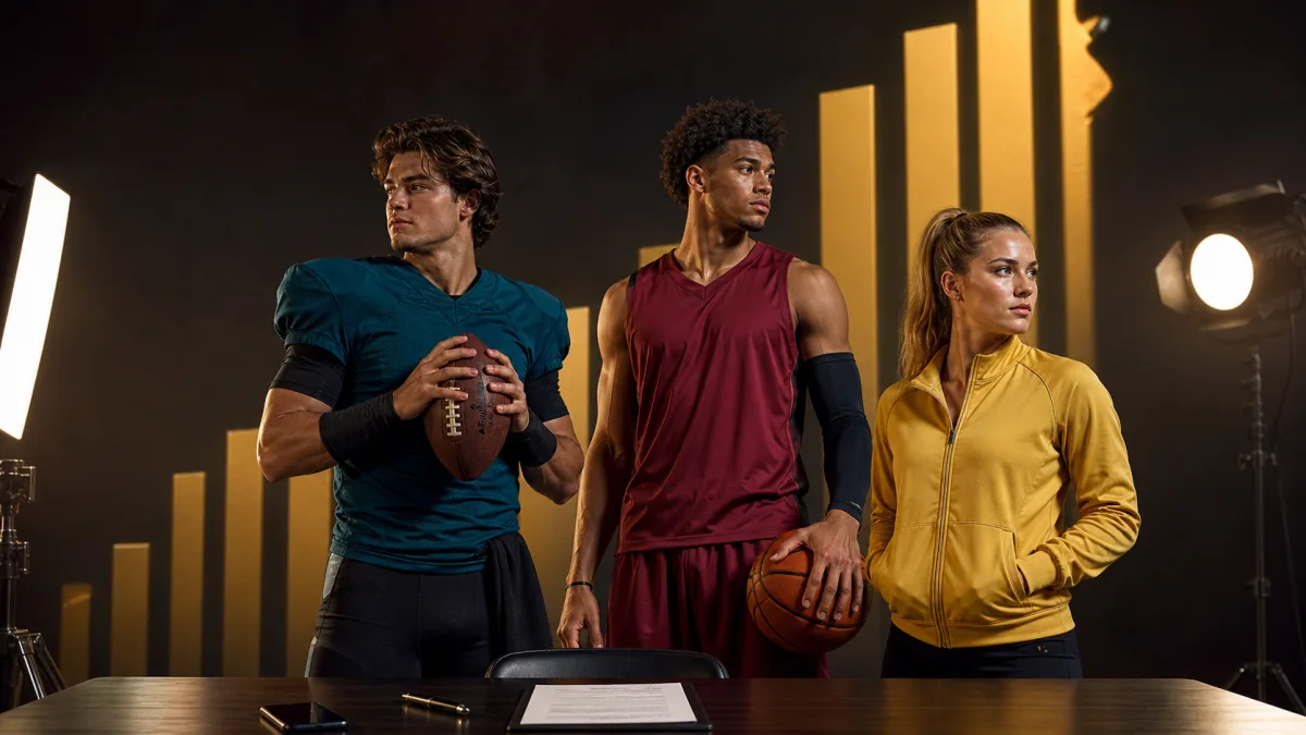 Anonymous college football, basketball and female athletes standing behind a contract table in a media studio