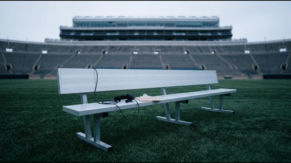 An empty aluminium coach's sideline bench on stadium turf at dawn with a coiled headset cable and a blank clipboard, empty tiers behind