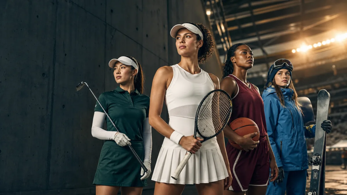 Four anonymous elite women athletes representing tennis, golf, basketball and skiing in a stadium tunnel