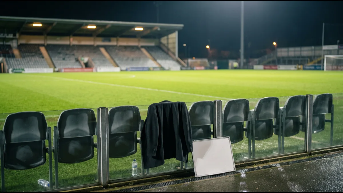 An empty technical area beside a floodlit pitch at night, with a folded coat over the back of a dugout seat and a whiteboard face down