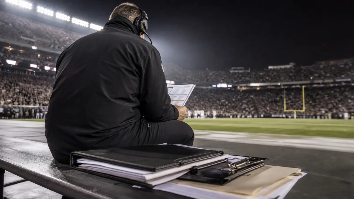Anonymous football head coach wearing a headset and studying a play sheet under stadium lights