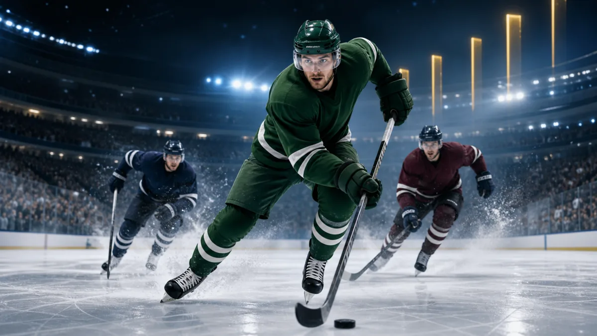 Three anonymous professional ice hockey players skating under arena lights in generic green, navy and burgundy uniforms