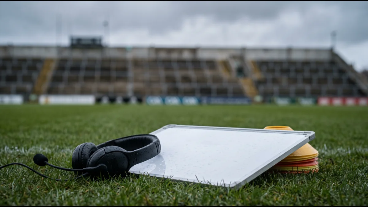 A plain black coaching headset and a blank white tactics whiteboard lying on wet grass beside training cones, empty stadium seating out of focus behind