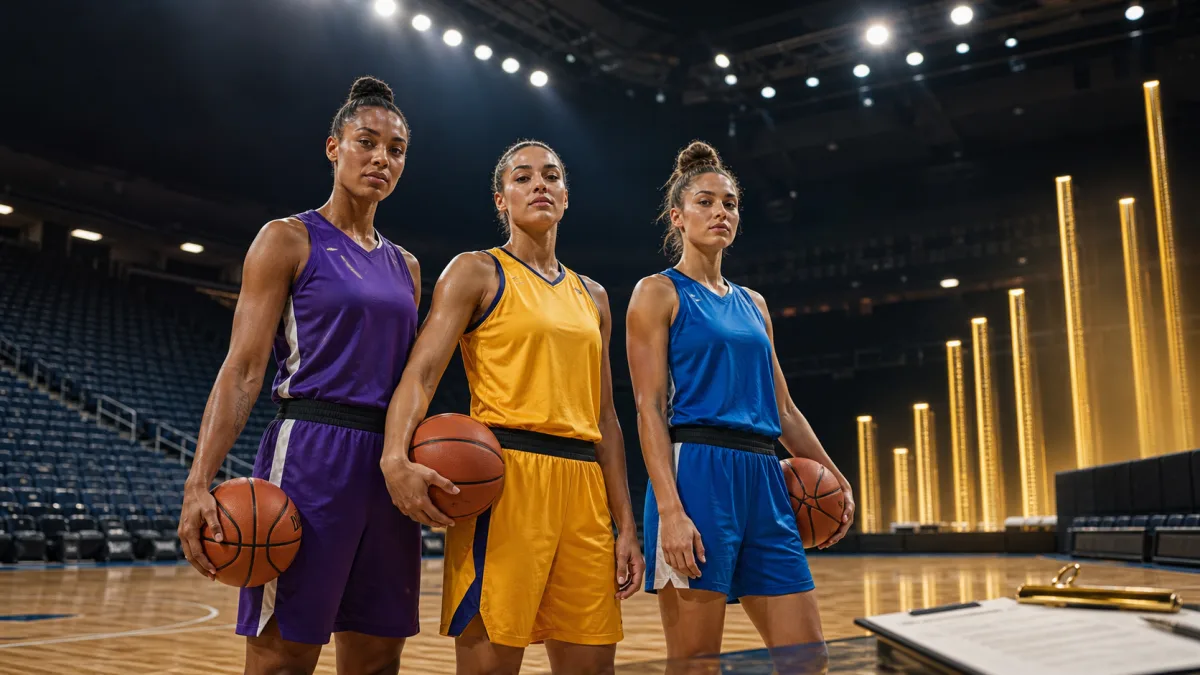 Three anonymous professional women's basketball players in purple, gold and blue uniforms on an arena court