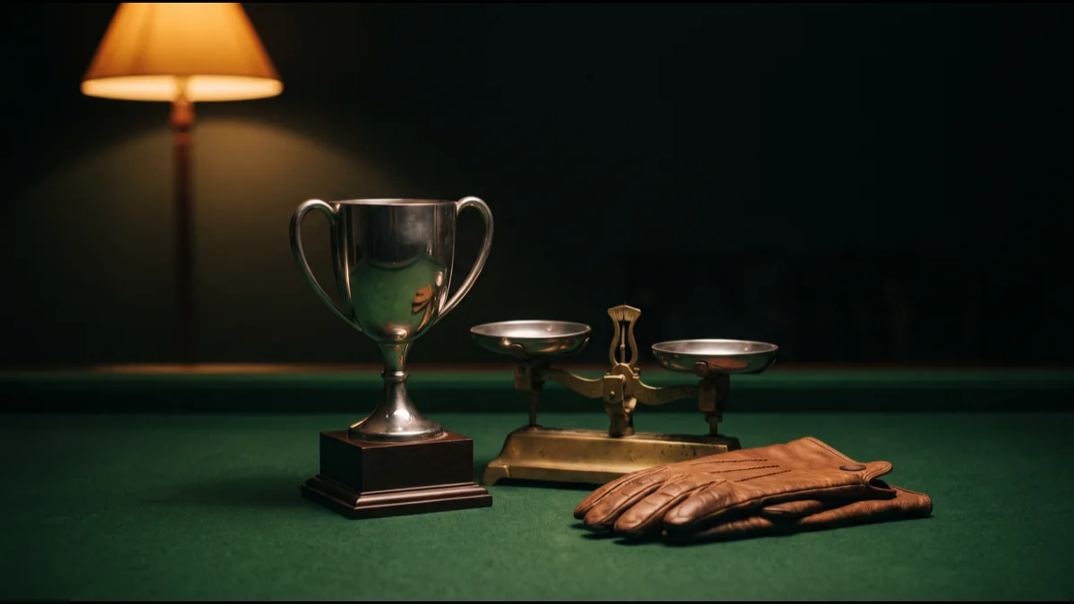 A silver racing trophy and a folded set of weighing-room scales on a green baize table, lit warmly against a dark background