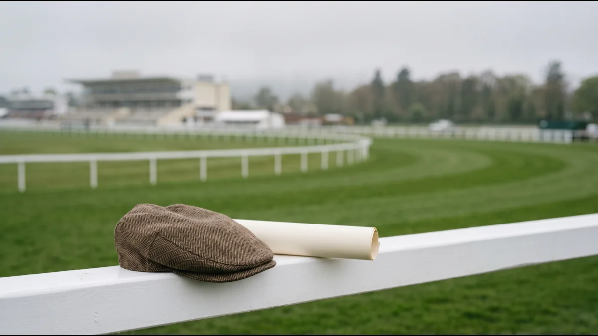 A tweed cap and folded racecard on a painted white running rail beside turf, with a grandstand and parade ring blurred behind in soft spring light