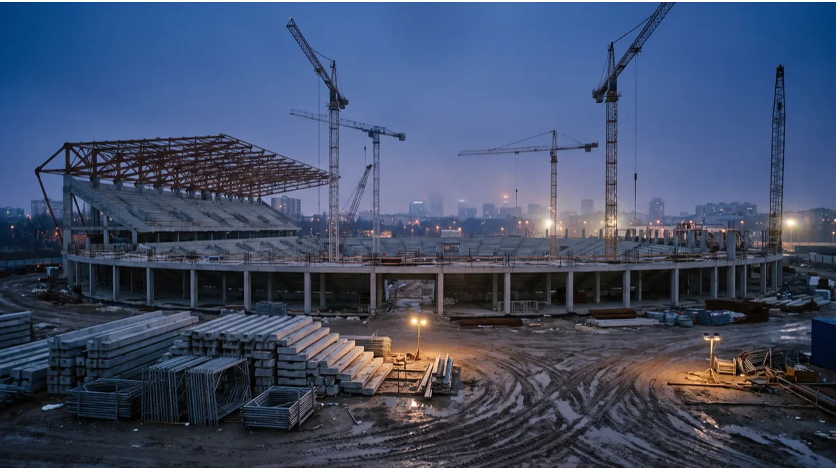 A large stadium under construction at dusk, a partly completed concrete bowl with exposed steel roof trusses and tower cranes standing over it