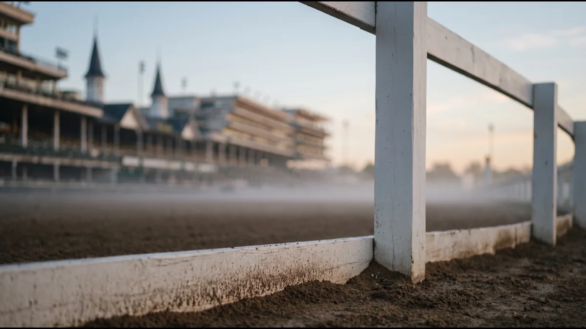The white-painted timber rail of a horse racing track with dirt against its base and morning mist over the surface, an old grandstand out of focus behind