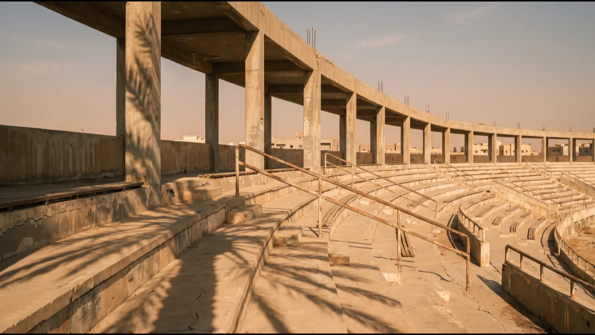 A weathered mid-century concrete stadium colonnade and worn tiered seating in strong low sun, palm-frond shadows falling across the pale concrete
