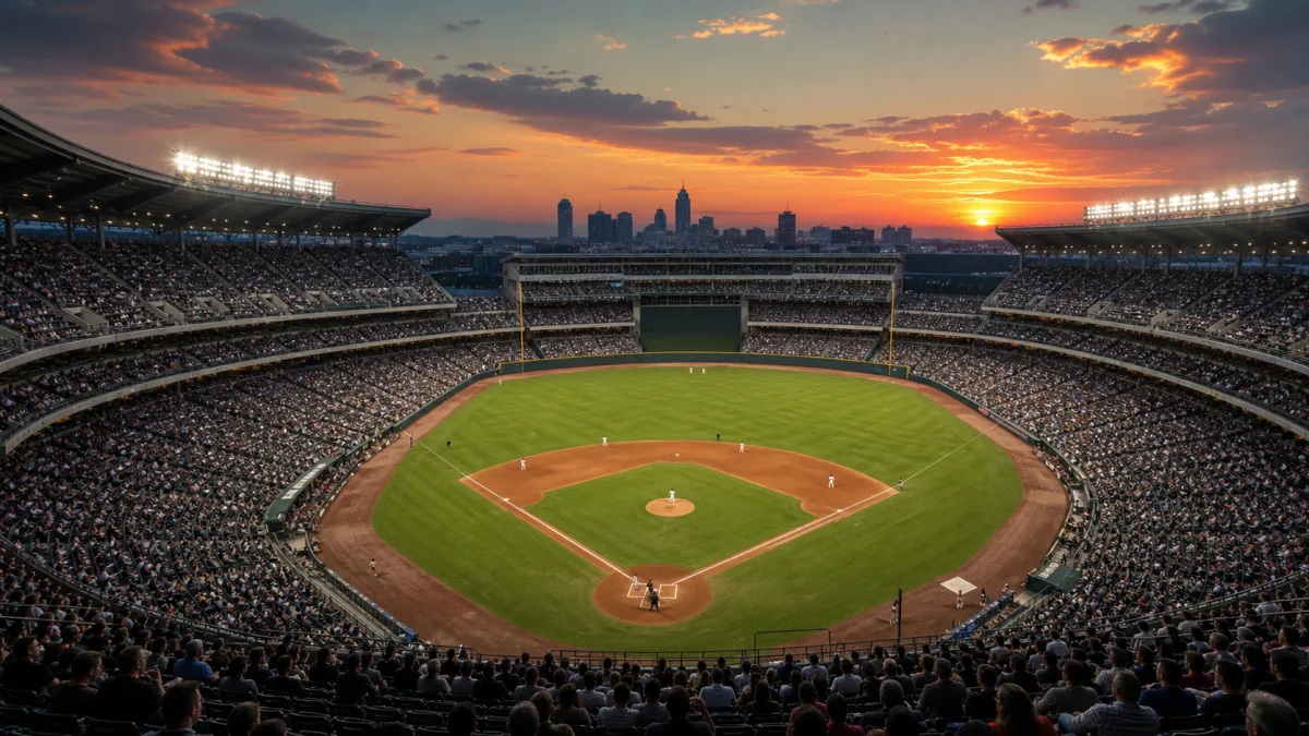 Large modern baseball stadium filled with fans during an evening game
