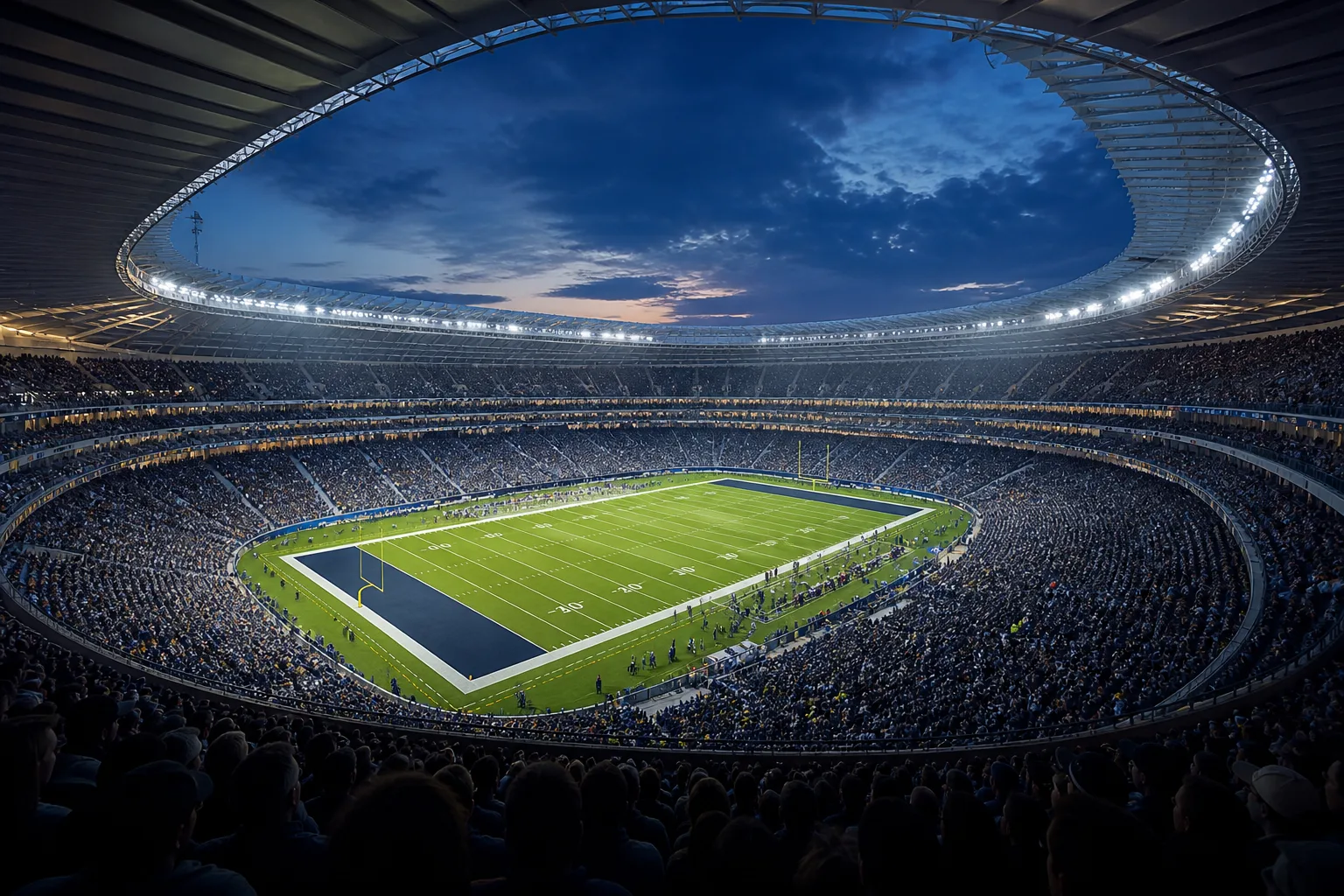 Modern anonymous professional football stadium under evening lights