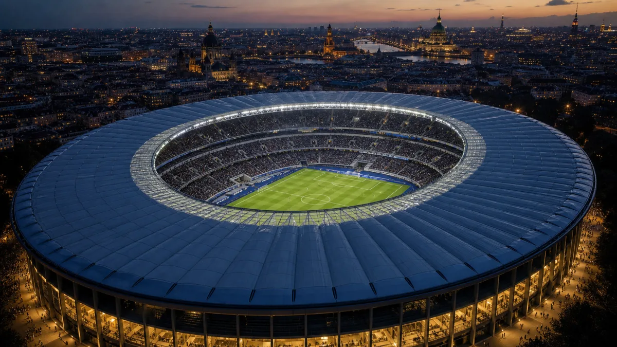 Huge roofed European football stadium glowing at twilight beside a historic city skyline