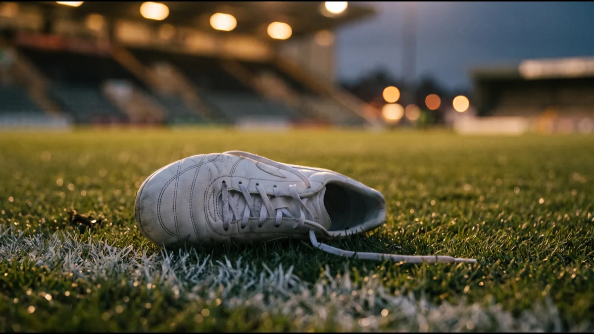A plain white football boot with no markings resting on mown green turf beside a painted white line at dusk, an empty floodlit stand out of focus behind