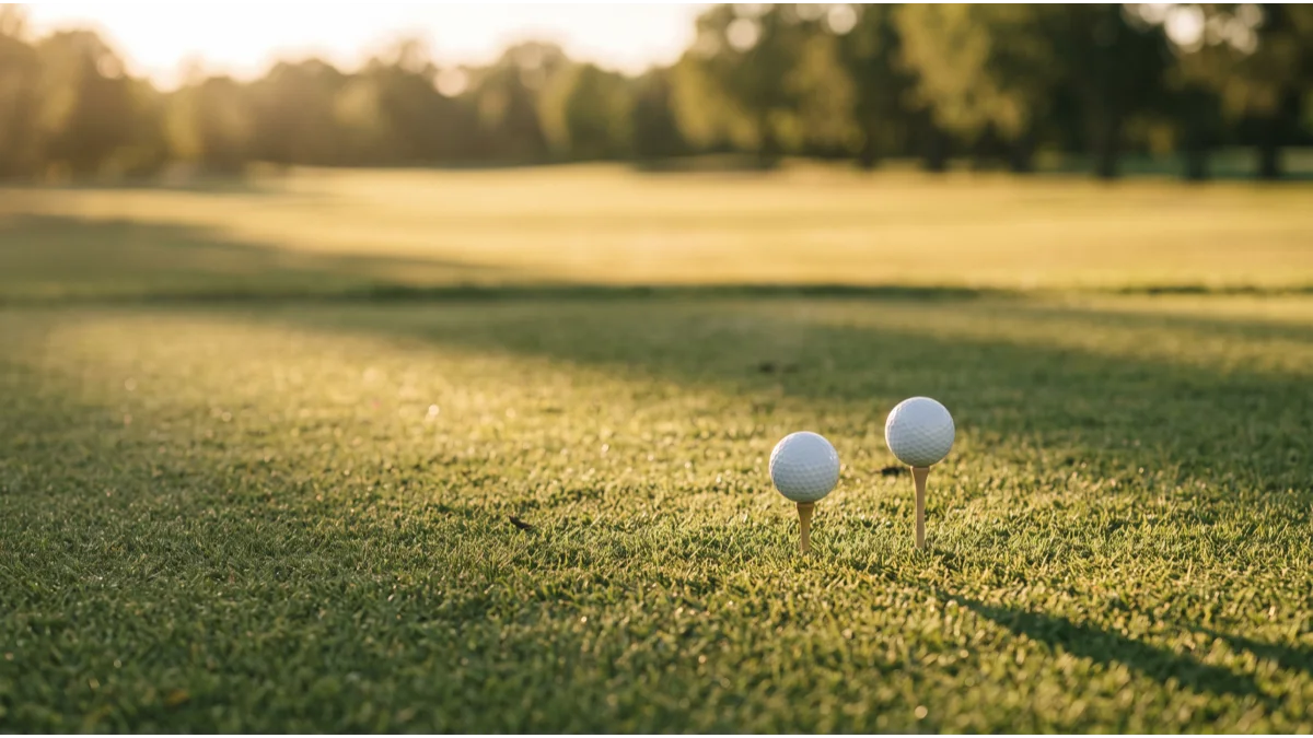 Two golf tees of noticeably different heights standing side by side on mown turf, each holding a plain white ball, casting long unequal shadows in low sun