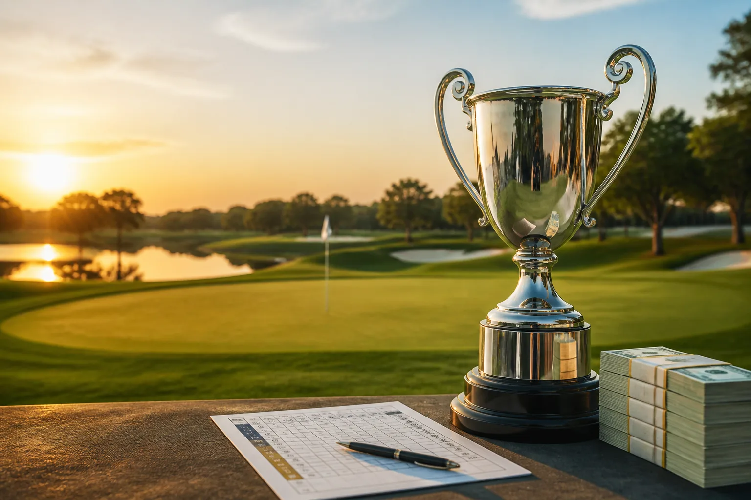 Championship golf trophy and scorecard beside a green at sunrise