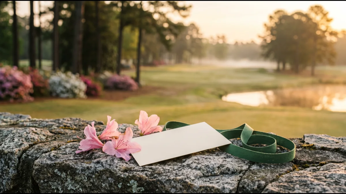 A blank cream card and a green ribbon on a lichen-covered stone wall beside fallen azalea blossoms, with a misty pine-lined fairway blurred behind at sunrise