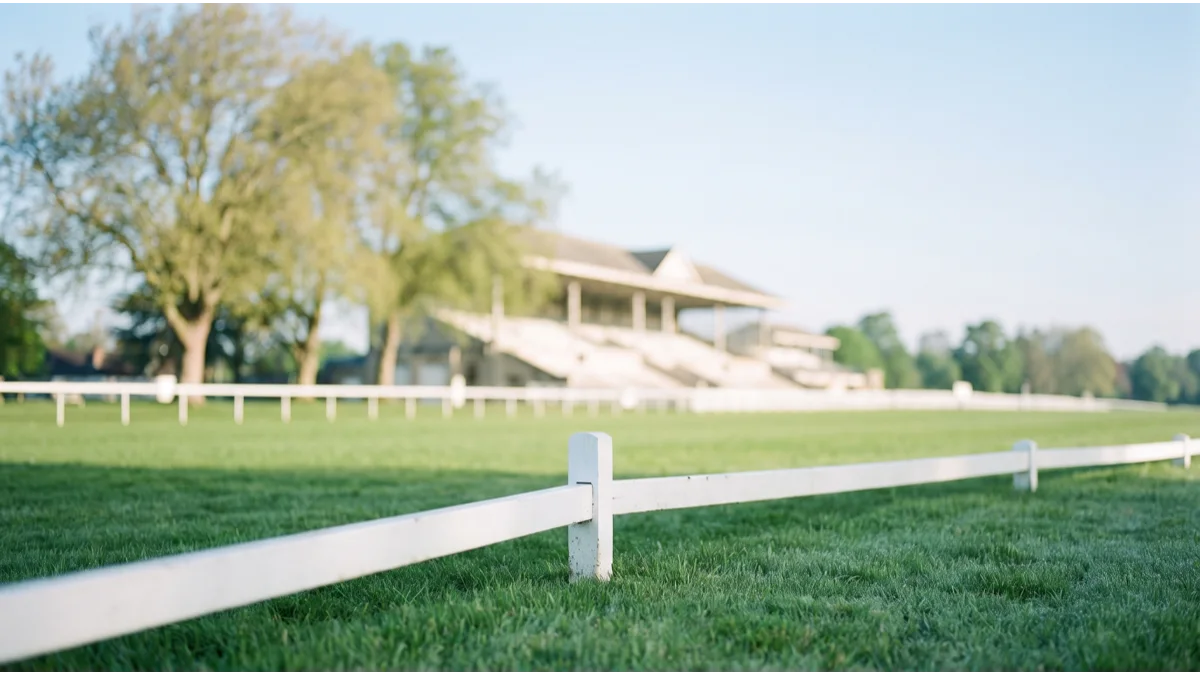 The white timber running rail of a turf racecourse on bright green grass, an open lawn and the pale roofline of an old grandstand out of focus behind