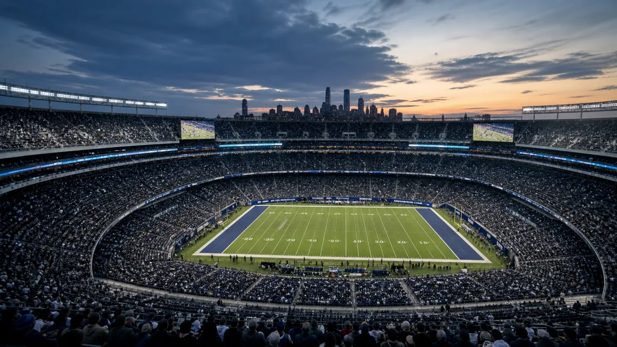 Large open-air football stadium with three seating tiers filled under a blue dusk sky