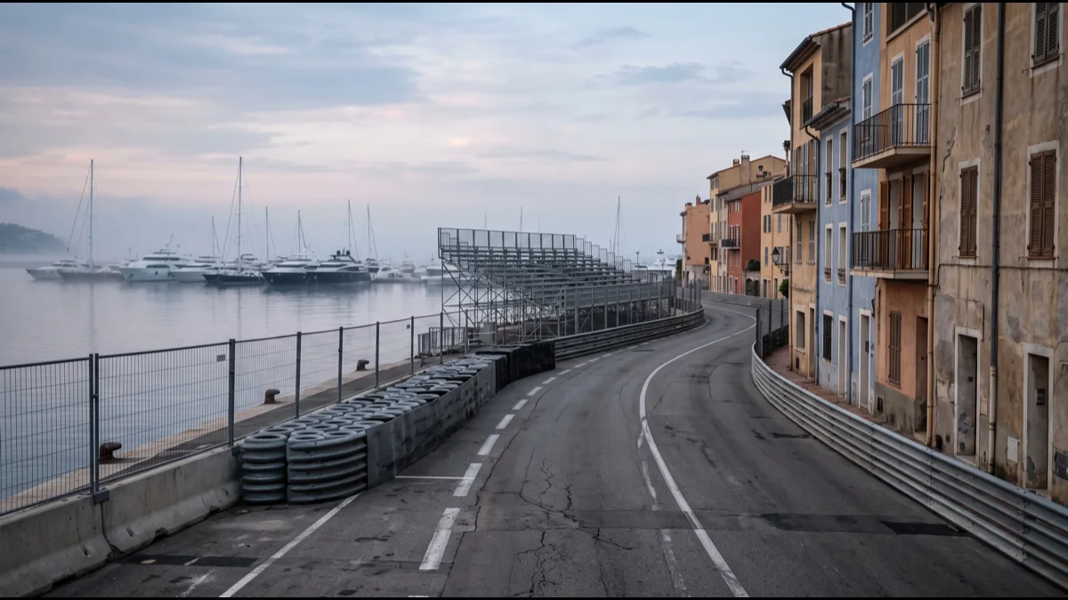 An empty Mediterranean harbour street circuit at dawn, steel debris fencing and stacked tyre barriers lining a narrow road, moored yachts out of focus beyond