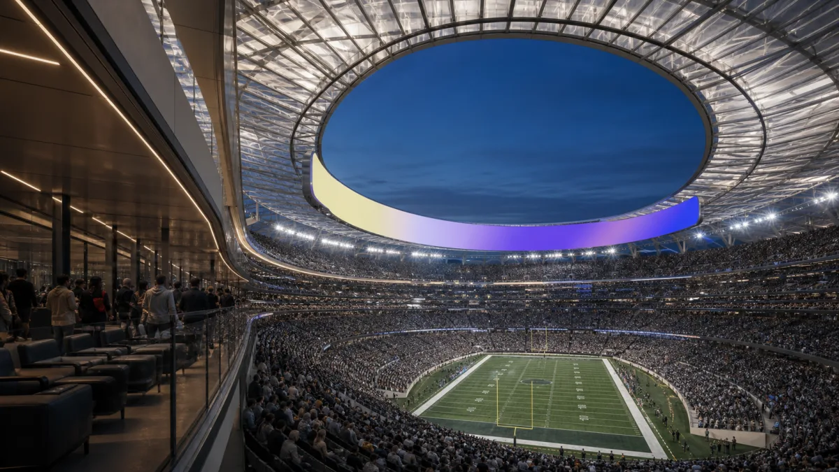 Vast luxury American football stadium with translucent roof and illuminated seating bowl