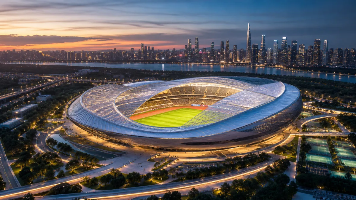 Futuristic oval sports stadium with a translucent roof glowing beside a world-city skyline at sunset