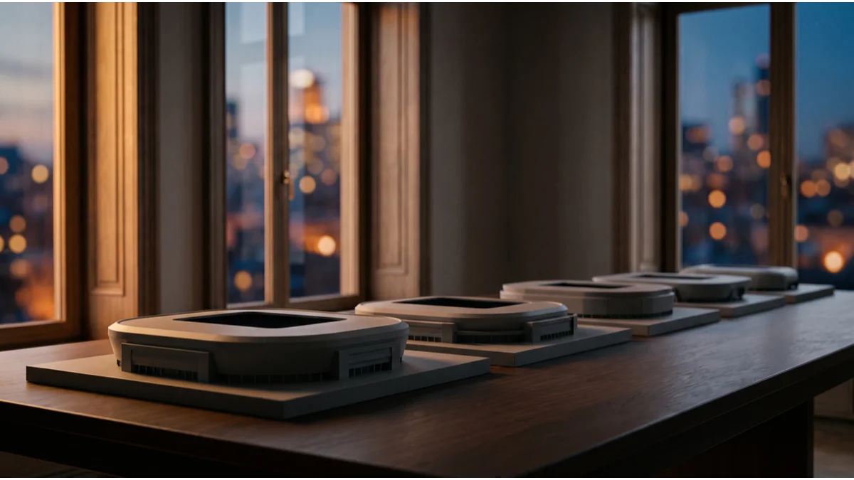 Five plain matte-grey architectural scale models of football stadiums arranged in a descending row by size on a dark polished wooden table