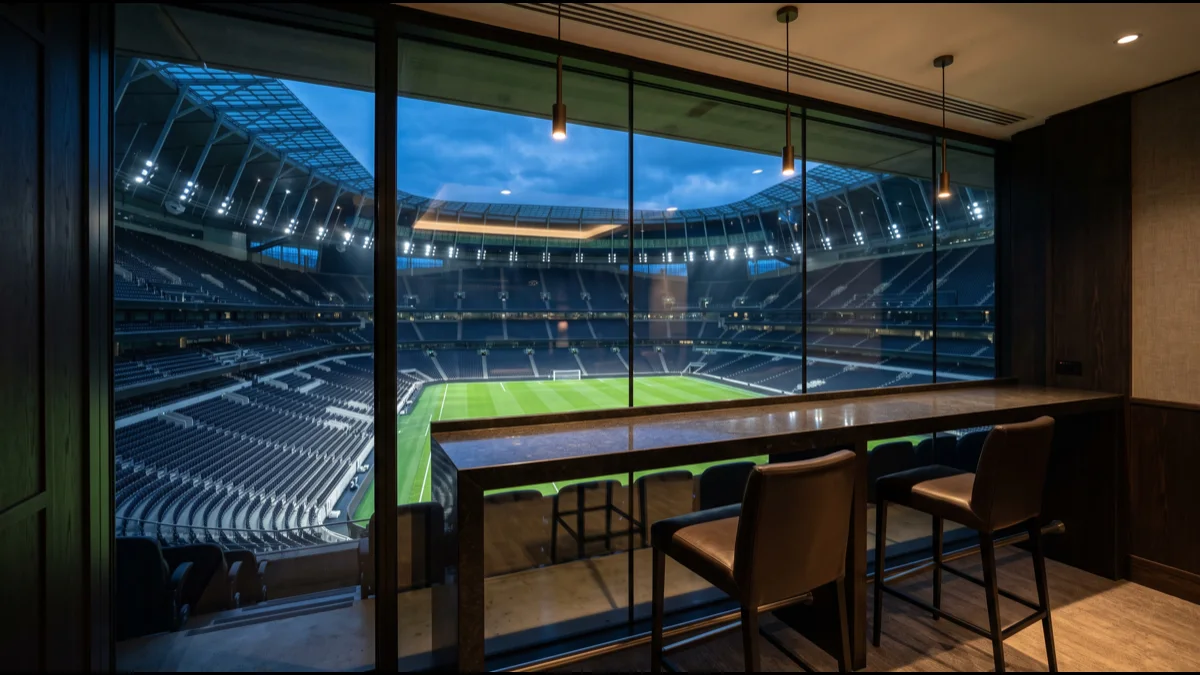 A glass-walled executive suite high inside a large stadium, looking down over an empty bowl at dusk, with an empty desk in the foreground