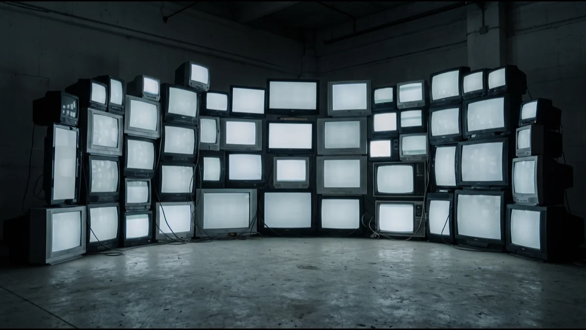 Rows of identical televisions stacked in a dark room, each screen showing the same blank grey glow