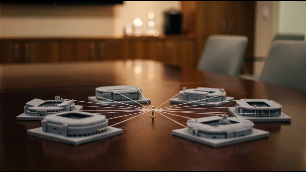 Six identical grey model football stadiums arranged on a polished boardroom table, each linked by a fine thread to a single brass pin at the centre